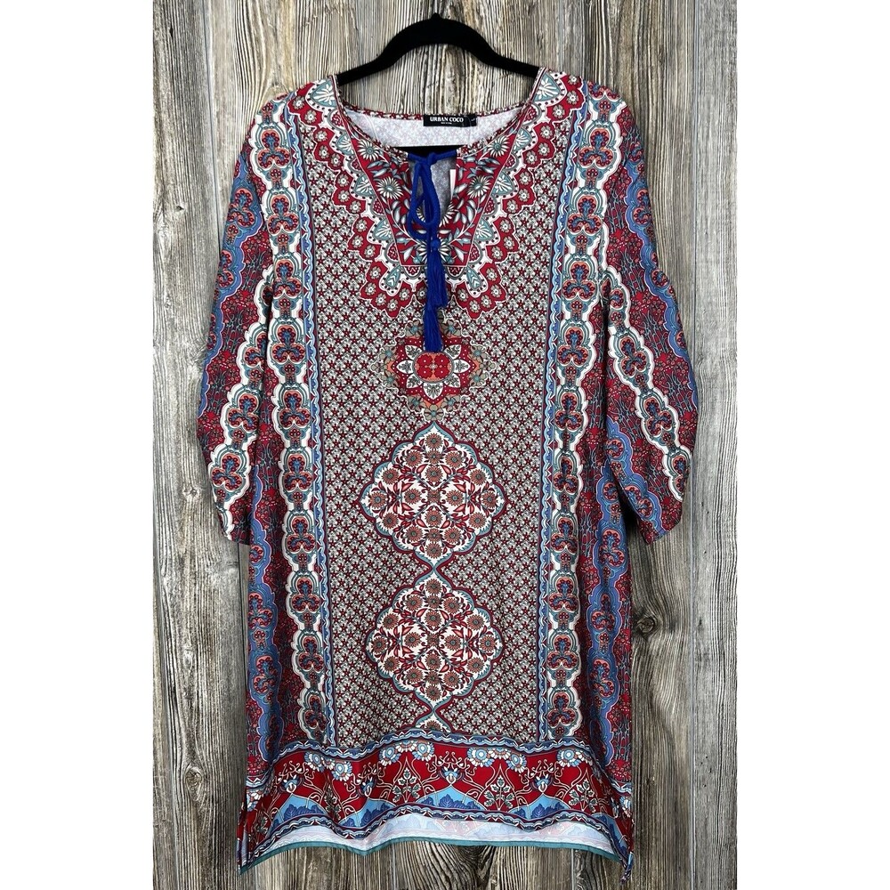 NWT Urban Coco Shift Dress‎ Size Large Boho Tunic Tassels Stretchy Knee Length